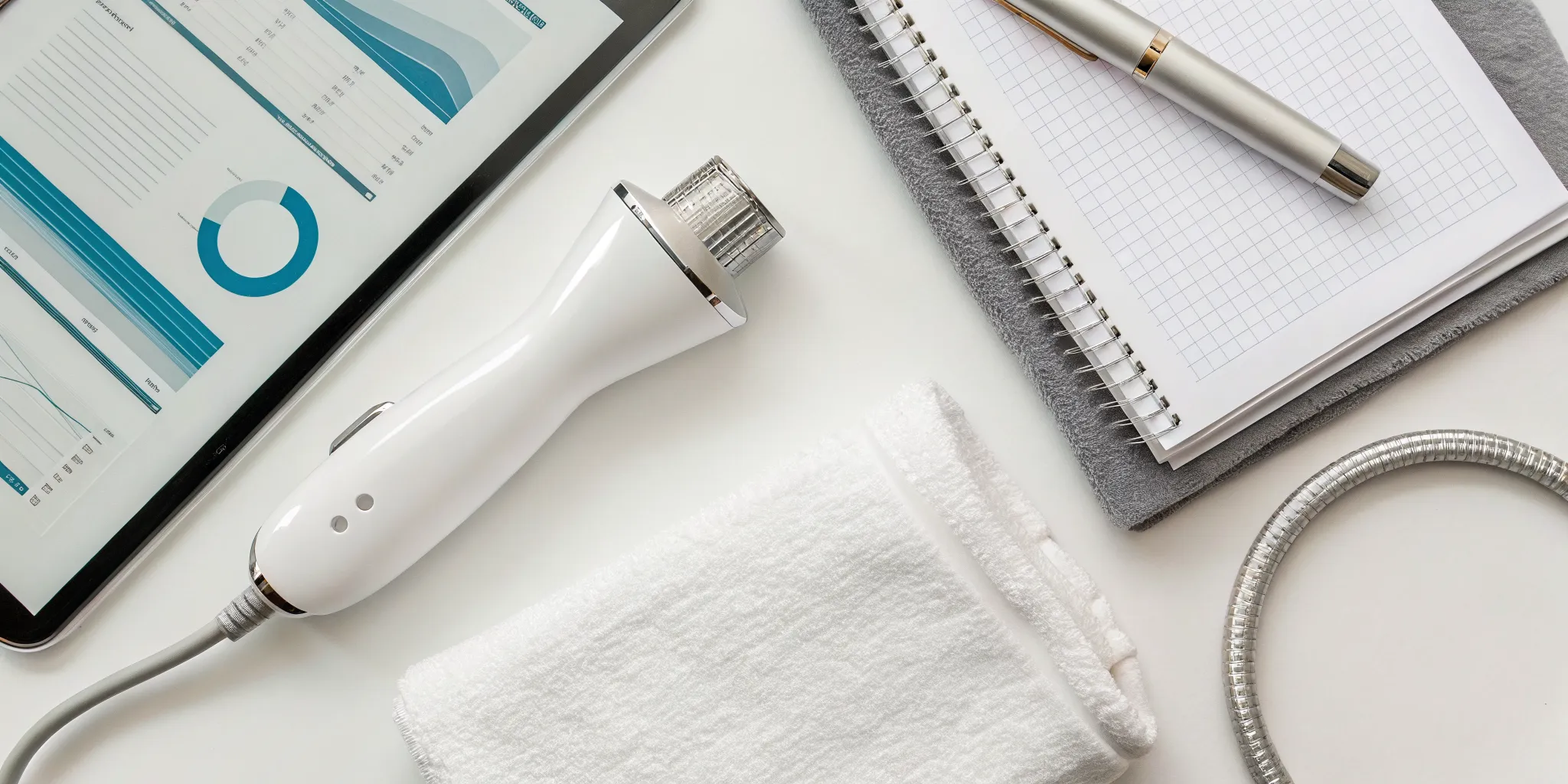 A Sofwave device on a desk with a tablet and notepad for a consultation about treatment cost.