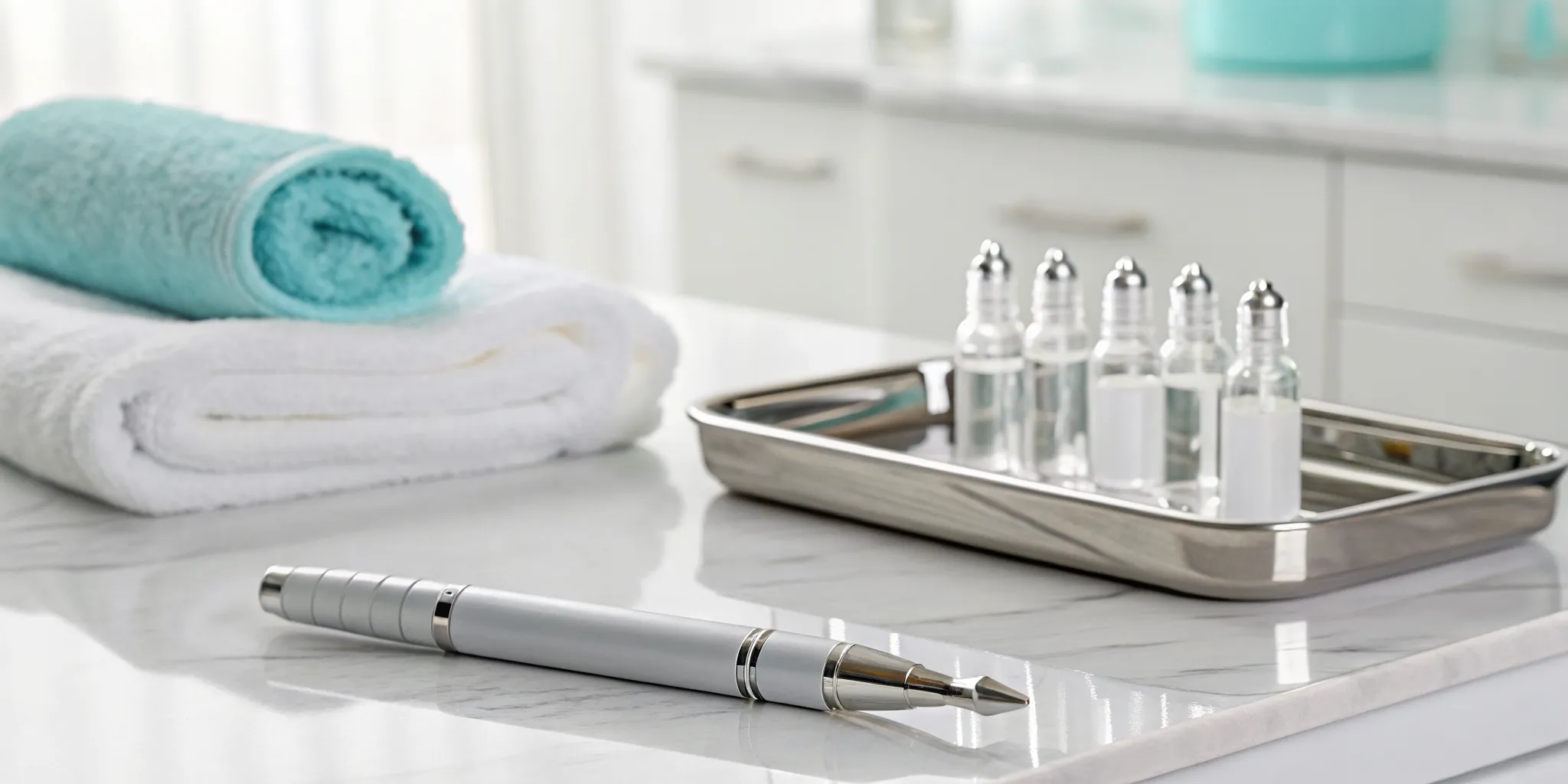 Microneedling pen and serums prepared for a series of treatment sessions.