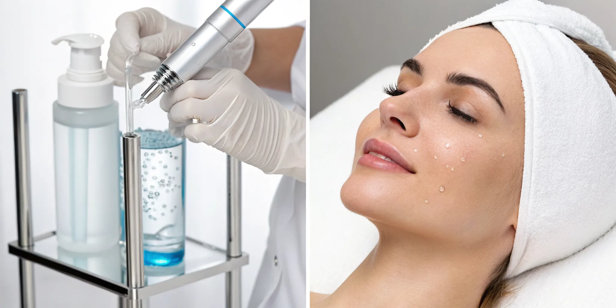 Comparing the effects of hydrafacial vs microdermabrasion on a woman's face.