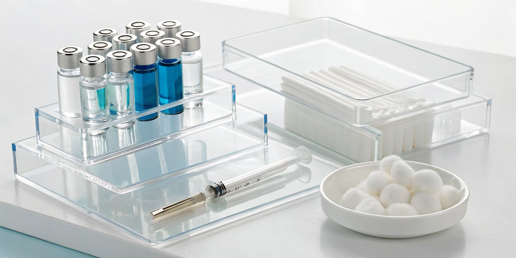 A medical tray with a syringe and vials prepared for a botox packages treatment.