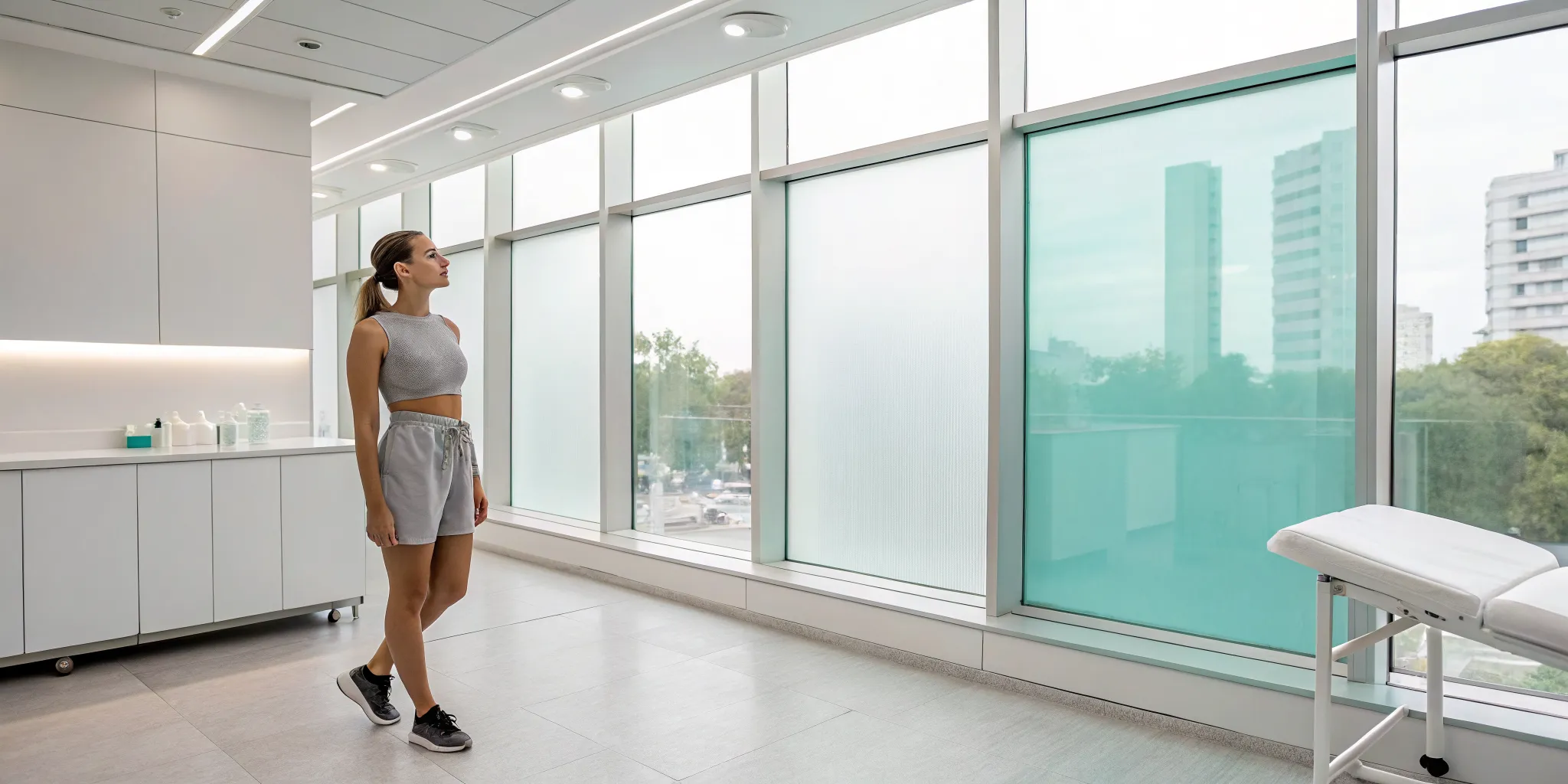 Woman in athletic wear showing her laser lipolysis results in a clinic.