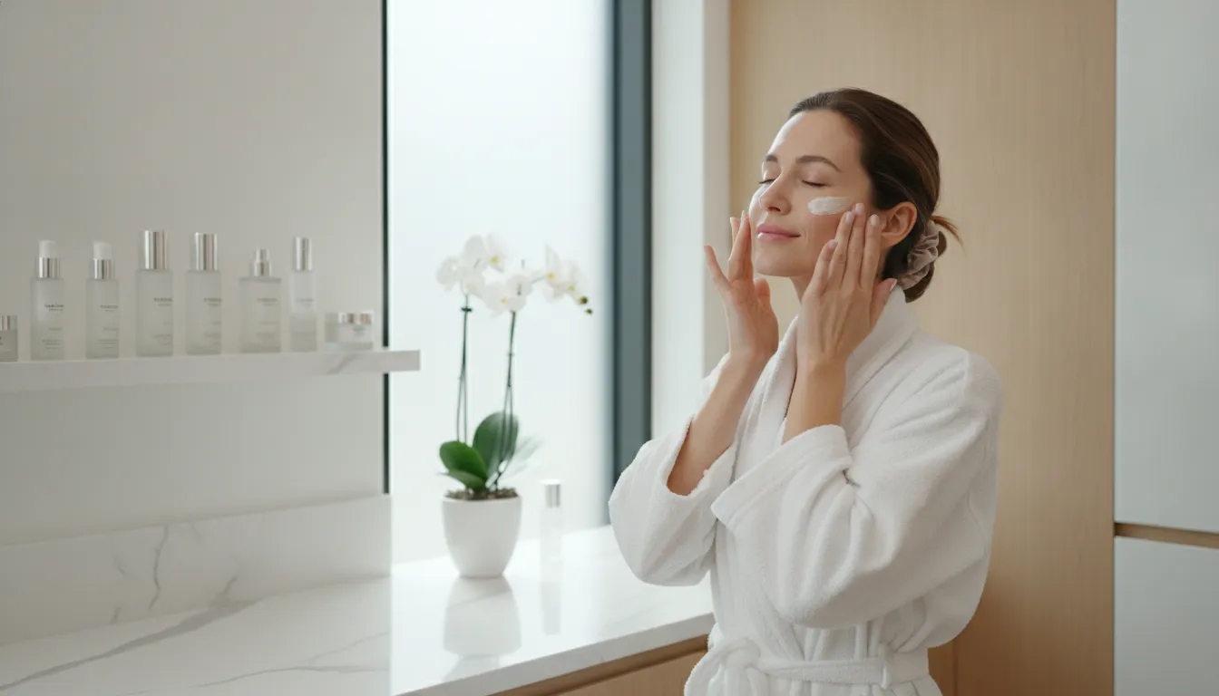Woman applying moisturizer as part of Sofwave aftercare