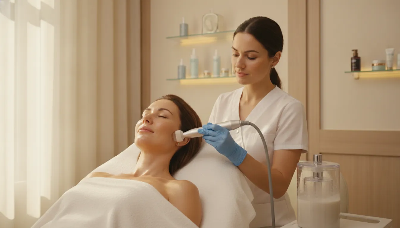 Woman receiving a customized HydraFacial treatment with glow-infused booster serums at a medical spa