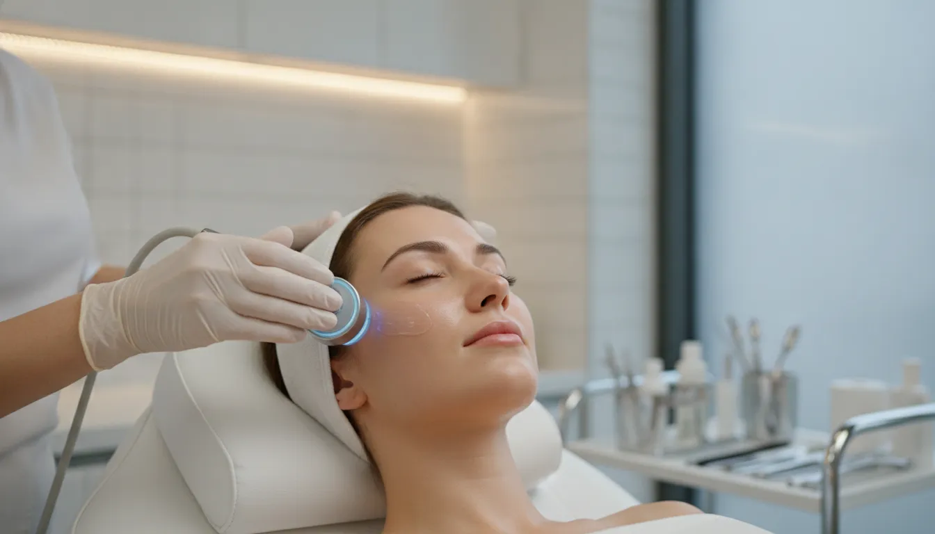 woman receiving a professional non-invasive facial treatment in a modern medspa