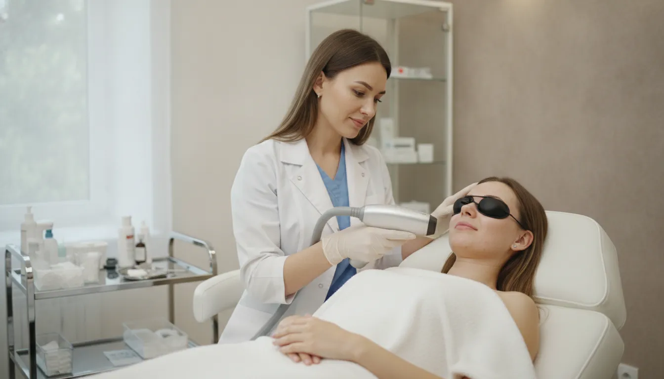 Aesthetic provider discussing Aerolase laser acne treatment with a patient in a clean clinical treatment room